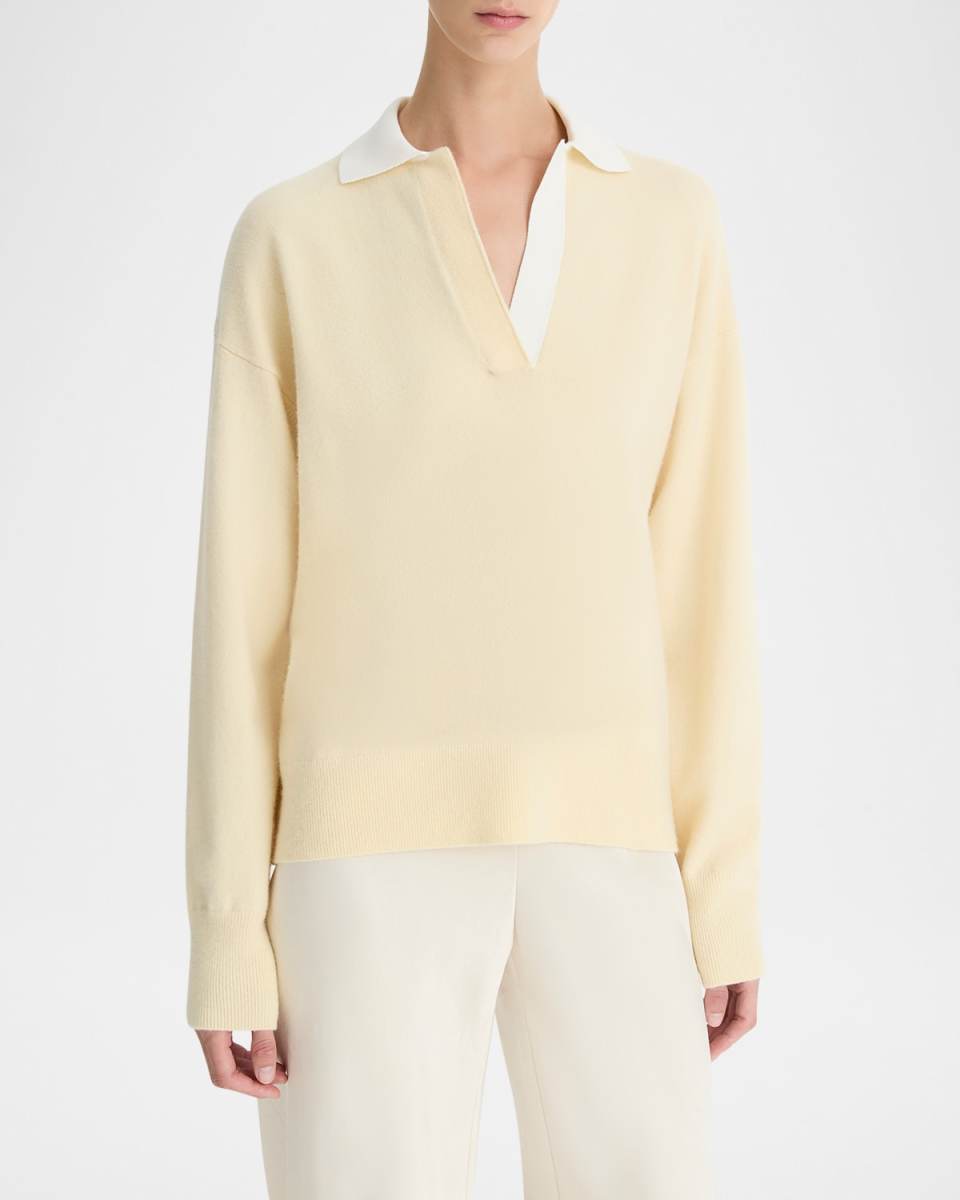 Contrast Collar Wool-Cashmere Polo Sweater
